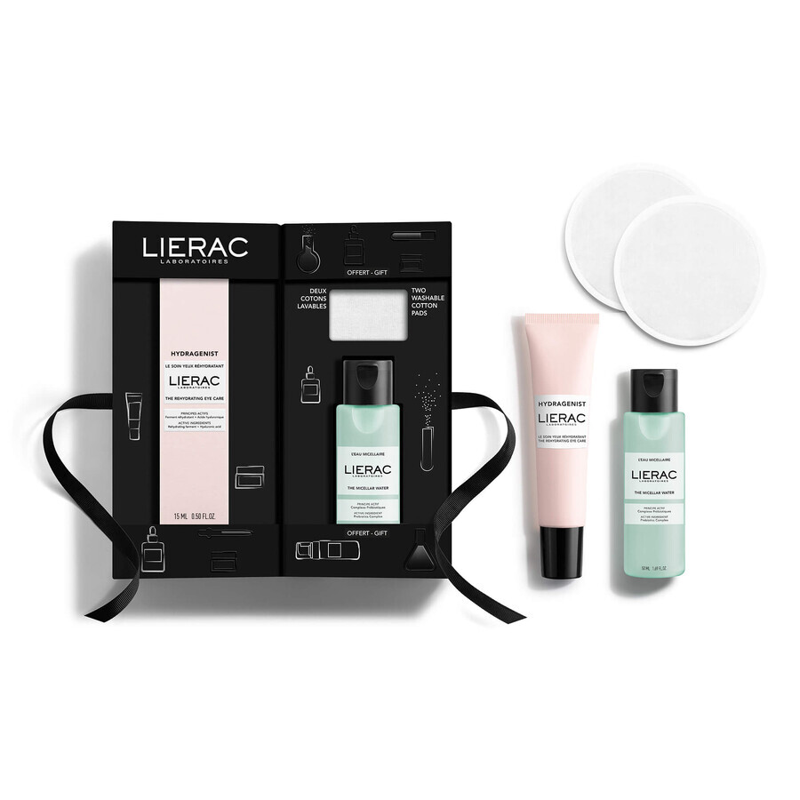 Set Lierac Hydragenist, crema per il contorno occhi, 15 ml + acqua micellare, 50 ml + dischetti cosmetici, 2 pezzi in regalo