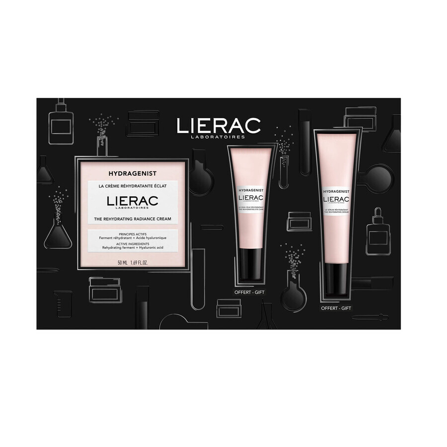 Set Lierac Hydragenist, cremă hidratantă iluminatoare, 50 ml + ser, 15 ml + cremă de ochi, 7,5 ml cadou