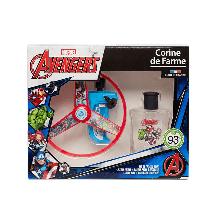 Corine De Farme Marvel Avengers Set, Eau de Toilette, 50 ml + Flugscheibe, 1 Stück + Lesezeichen zum Ausschneiden, 1 Stück