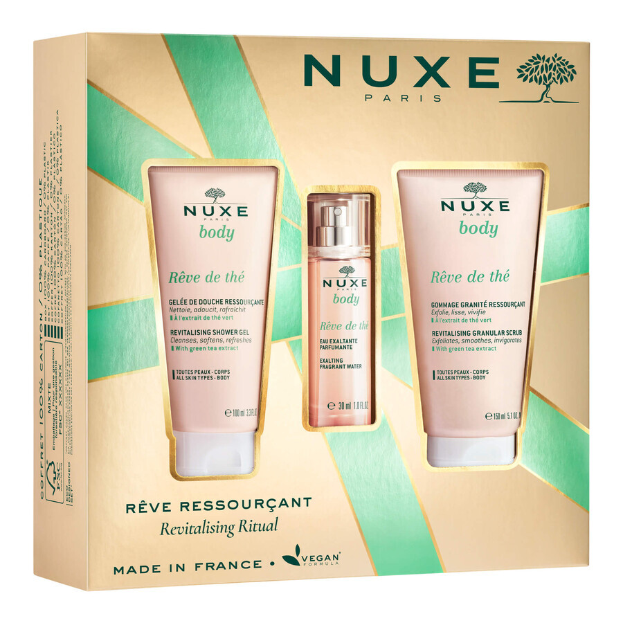 Set Nuxe Body Reve de the, gel de duș revitalizant, 100 ml + exfoliant de corp revitalizant, 150 ml + apă parfumată, 30 ml