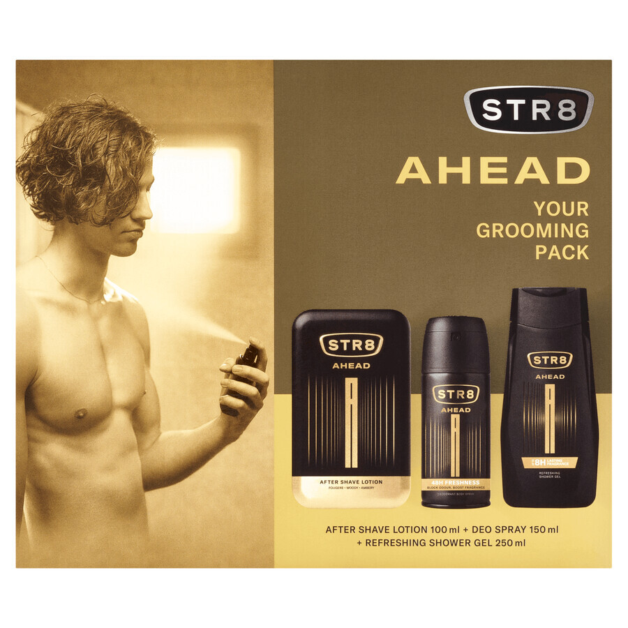 STR8 Set Ahead, aftershave, 100 ml + deodorant spray, 150 ml + gel de duș, 250 ml