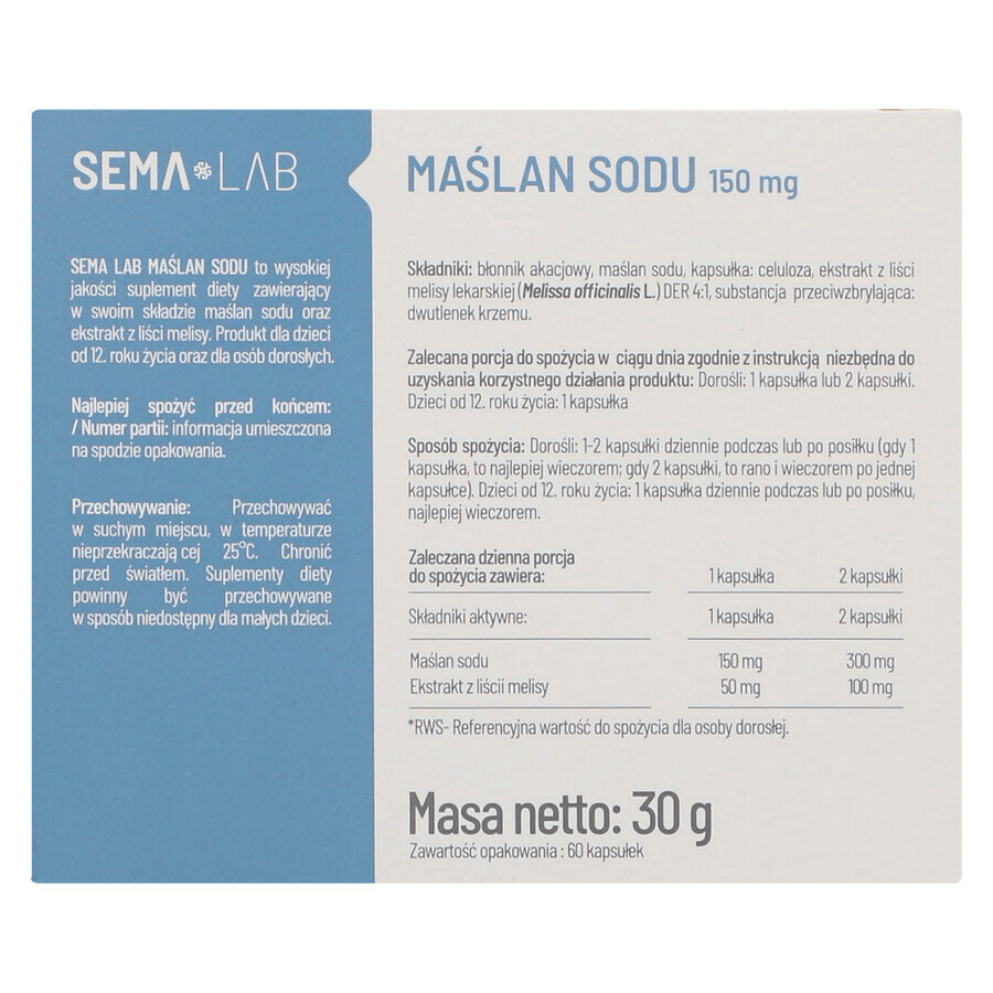 SEMA LAB Butirat de sodiu 150 mg, 60 capsule cu eliberare întârziată