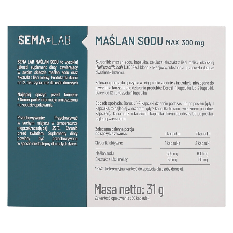 SEMA Lab Natriumbutyraat Max 300 mg, 60 capsules met vertraagde afgifte