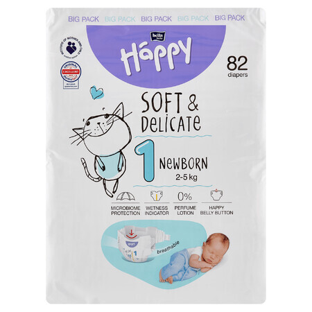 Bella Baby Happy, pañales, talla 1 Recién nacido, 2-5 kg, 82 piezas