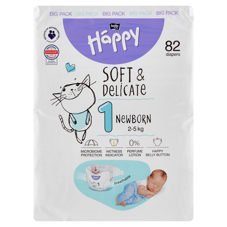 Bella Baby Happy, pañales, talla 1 Recién nacido, 2-5 kg, 82 piezas