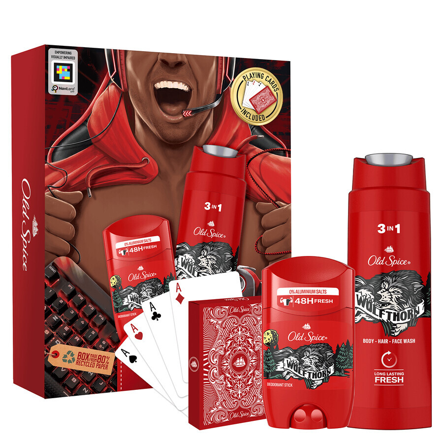 Old Spice Gamer set, déodorant en stick, épine de loup, 50 ml + gel douche 3-en-1, épine de loup, 250 ml + cartes à jouer