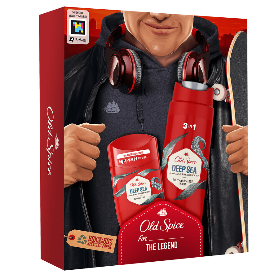 Set Old Spice Footballer, deodorante in stick, Deep Sea, 50 ml + gel doccia 3 in 1, Deep Sea, 250 ml