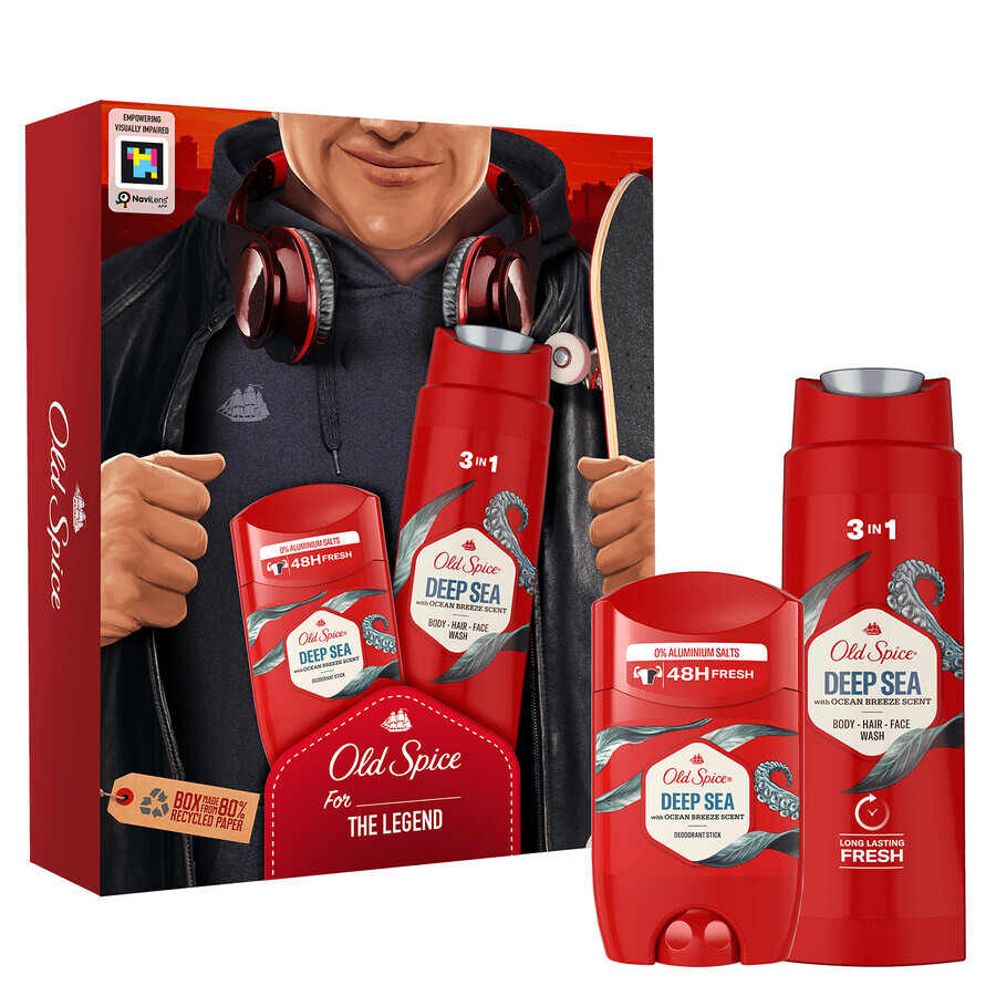 Set Old Spice Footballer, deodorante in stick, Deep Sea, 50 ml + gel doccia 3 in 1, Deep Sea, 250 ml