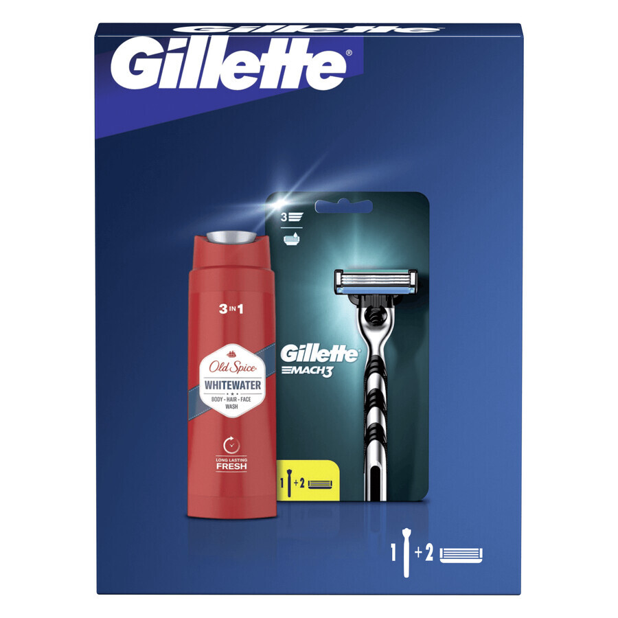 Gilette Mach 3 Set, 2-Klingen-Rasierer, 1 Stück + Ersatzkartusche, 1 Stück + Old Spice Whitewater, 3-in-1 Waschmittel für Gesicht, Haare und Körper, 250 ml