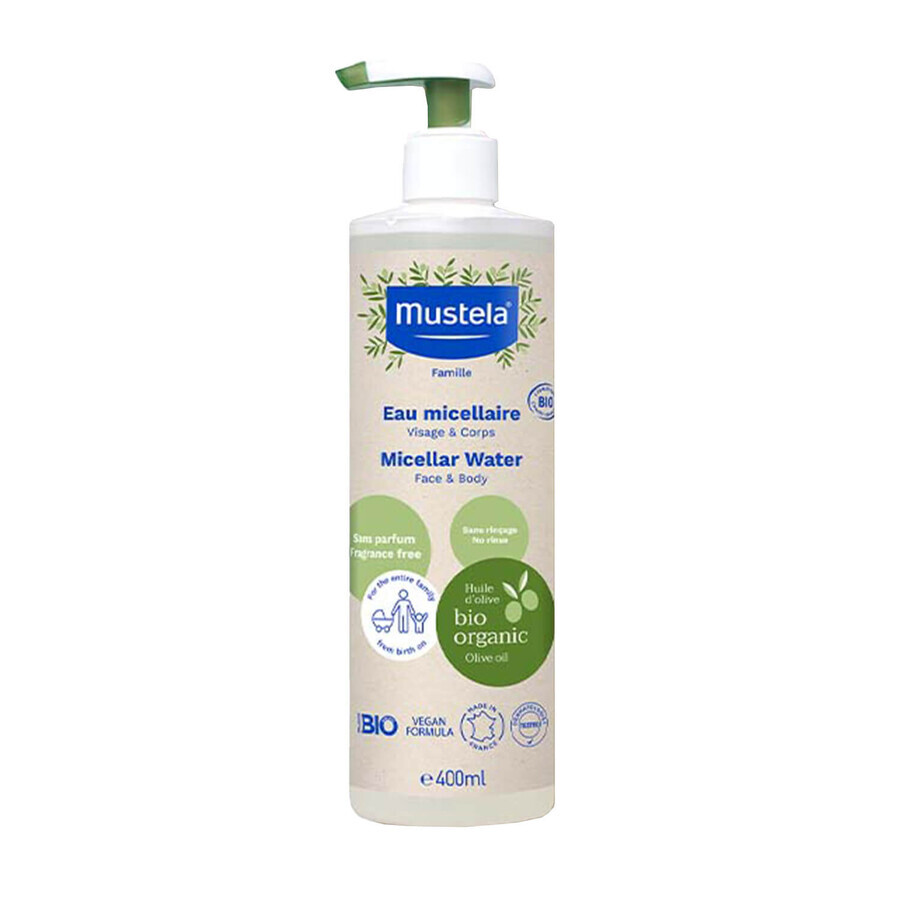 Mustela Bio set, agua micelar, sin aclarado, 400 ml + crema cambiador, 75 ml + pañal bambú, Safari, 1 gratis