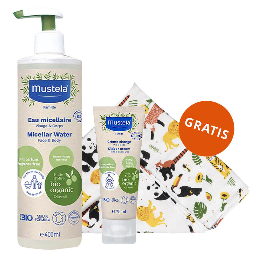 Mustela Bio set, agua micelar, sin aclarado, 400 ml + crema cambiador, 75 ml + pañal bambú, Safari, 1 gratis