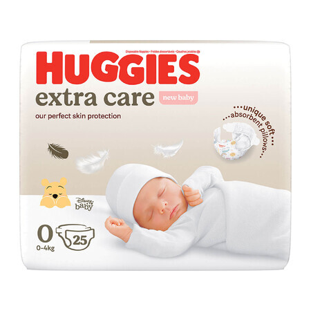 Huggies Extra Care, couches, Disney, taille 0, Nouveau-né, 0-4 kg, 25 pcs