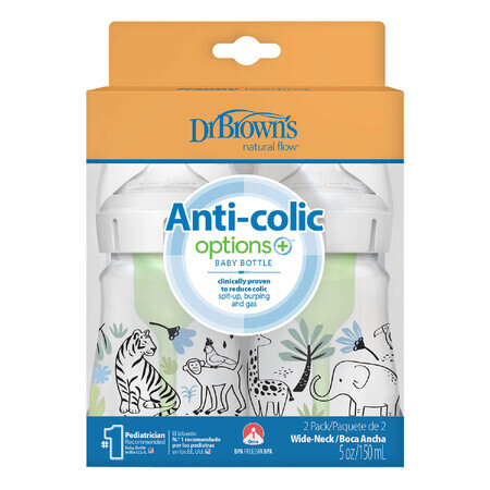 Dr. Brown's Anti-colic Options+, anti-colic fles, wijdhals, jungle, 2 x 150 ml