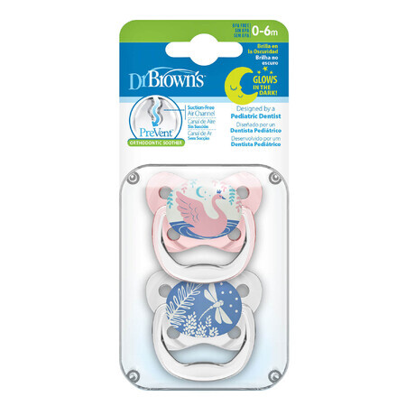 Dr. Brown's PreVent, fopspeen, orthodontisch, glow-in-the-dark, roze, 0-6 maanden, 2 stuks