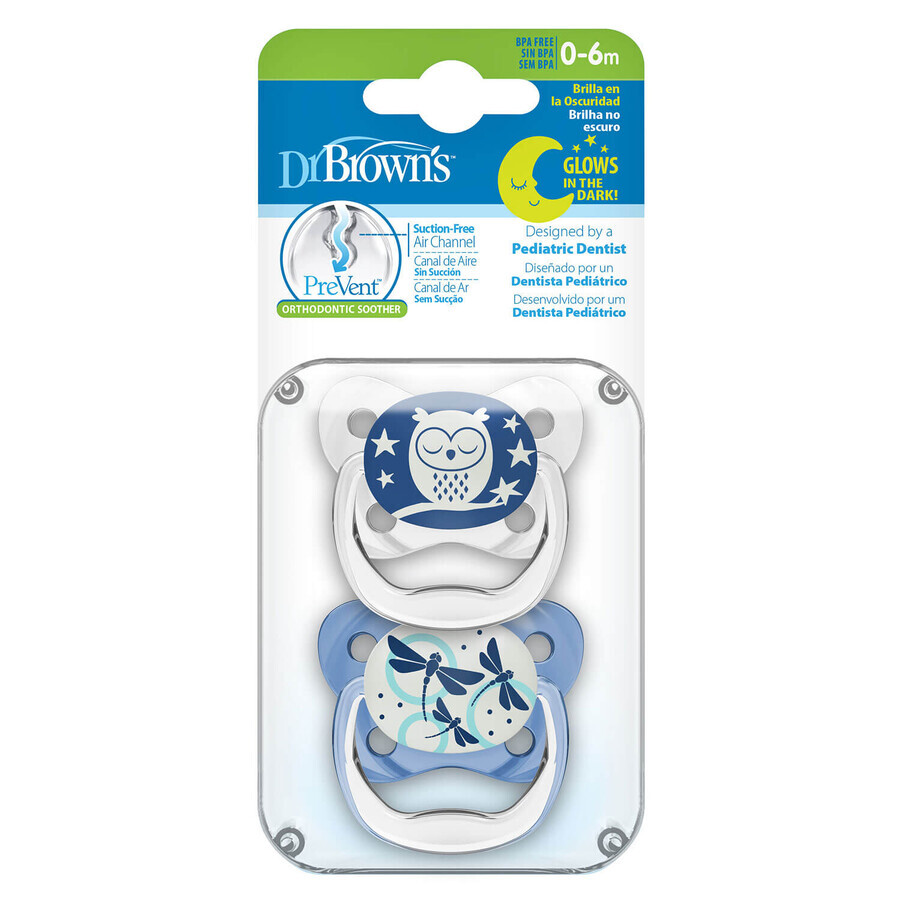 Dr. Brown's PreVent, fopspeen, orthodontisch, glow-in-the-dark, blauw, 0-6 maanden, 2 stuks