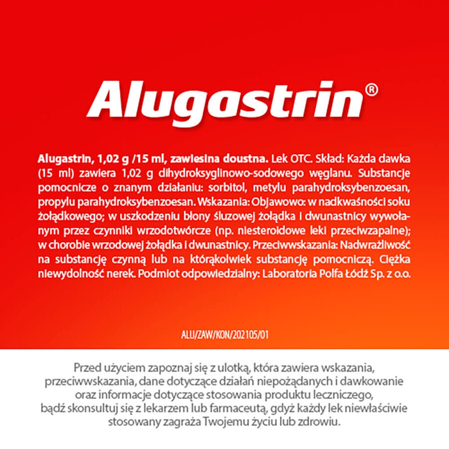 Alugastrin 1,02 g/ 15 ml, suspensie orală, aromă de mentă, 250 ml