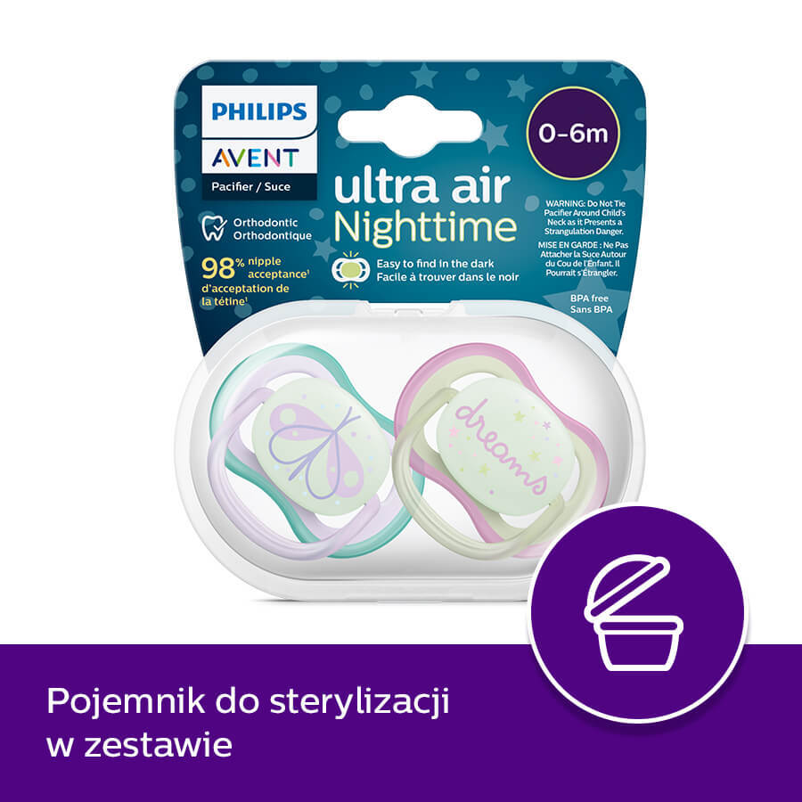 Avent Ultra Air Night Pacifier, Silicone, Symmetrical, Glow in the Dark, Girl, SCF376/19, 0-6 Months, 2 Pieces