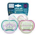 Avent Ultra Air Night Pacifier, Silicone, Symmetrical, Glow in the Dark, Girl, SCF376/19, 0-6 Months, 2 Pieces