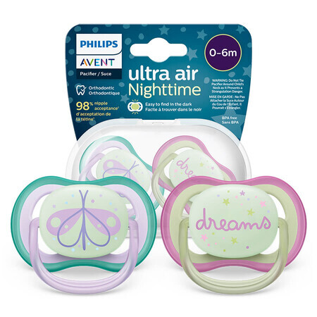 Avent Ultra Air Night Pacifier, Silicone, Symmetrical, Glow in the Dark, Girl, SCF376/19, 0-6 Months, 2 Pieces