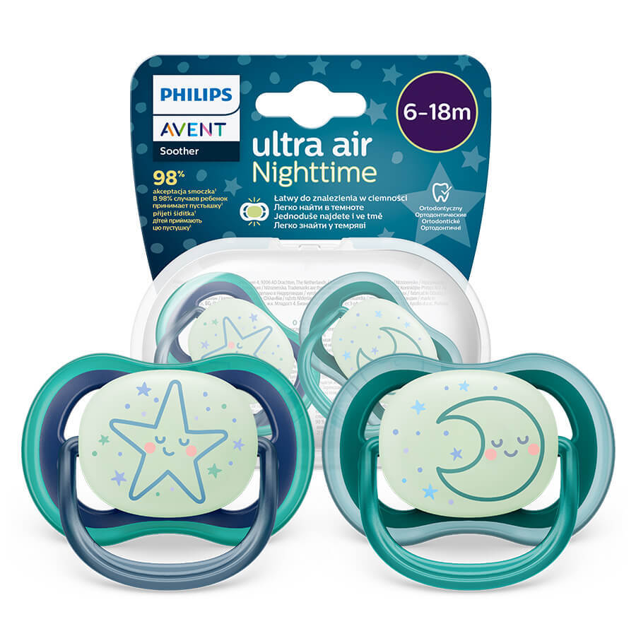 Avent Ultra Air Nighttime Pacifier, Silicone, Symmetrical, Glow in the Dark, Boy, SCF376/13, 6-18 Months, 2 Pieces