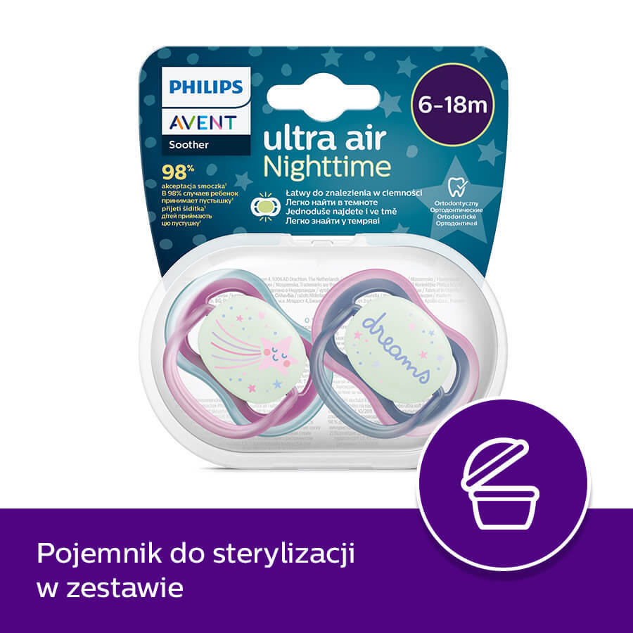 Avent Ultra Air Nighttime Pacifier, Silicone, Symmetrical, Glow in the Dark, Girl, SCF376/14, 6-18 Months, 2 Pieces