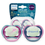 Avent Ultra Air Nighttime Pacifier, Silicone, Symmetrical, Glow in the Dark, Girl, SCF376/14, 6-18 Months, 2 Pieces