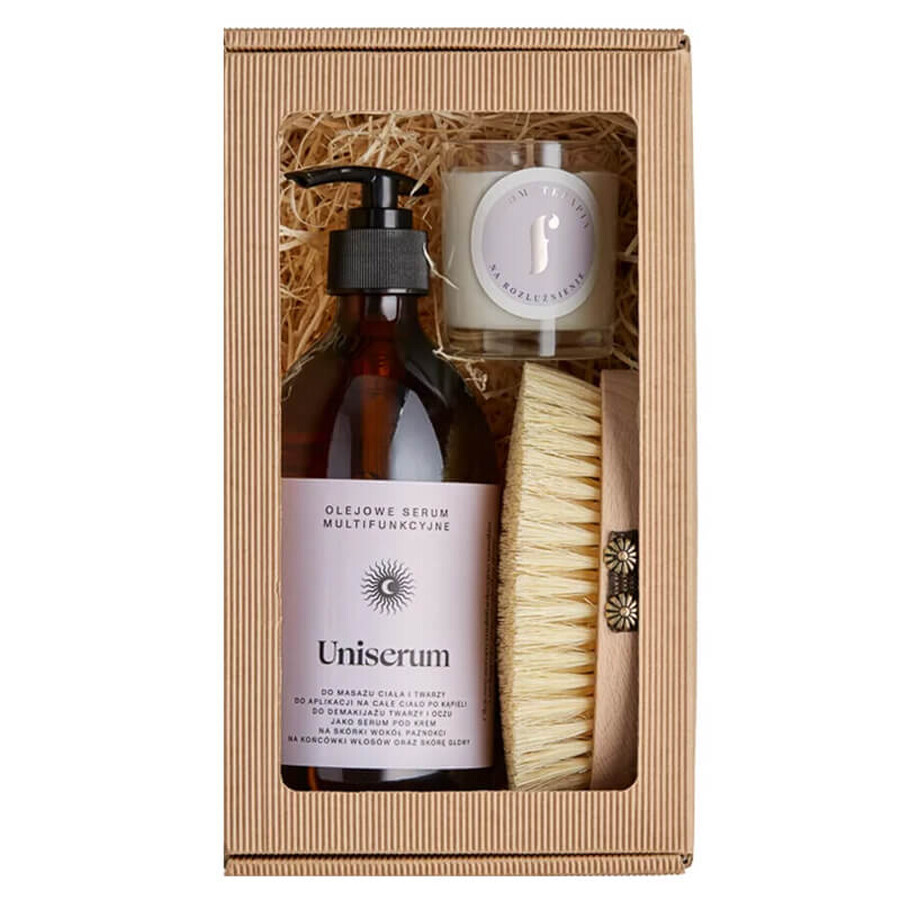 Flagolie Christmas Spa set, Uniserum oil serum, 500 ml + body massage brush, 1 piece + aromatherapy soy candle, For relaxation, 70 g