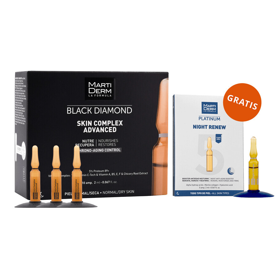 Set mit kostenlosem MartiDerm Black Diamond Skin Complex Advanced, Gesichtsserum, 2 ml x 10 Ampullen + Platinum Night Renew, Nacht-Booster, 2 ml x 5 Ampullen