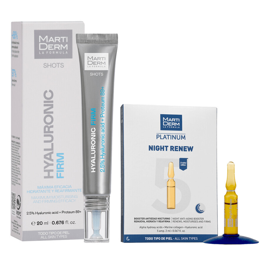 Set mit kostenlosem MartiDerm Shots Hyaluronic Filler, Gesichtsserum, 20 ml + Platinum Night Renew, Nacht-Booster, 2 ml x 5 Ampullen