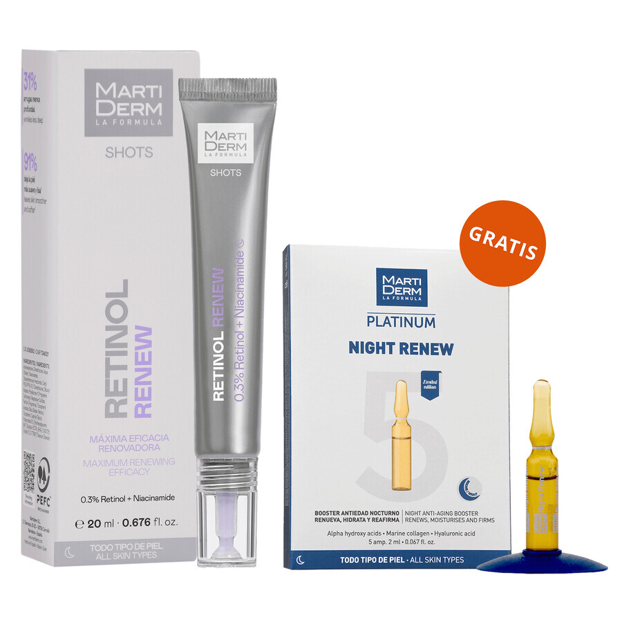 Set mit kostenlosen MartiDerm Shots Retinol Renew, Gesichtsserum, 20 ml + Platinum Night Renew, Nacht-Booster, 2 ml x 5 Ampullen