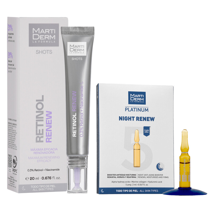 Set mit kostenlosen MartiDerm Shots Retinol Renew, Gesichtsserum, 20 ml + Platinum Night Renew, Nacht-Booster, 2 ml x 5 Ampullen