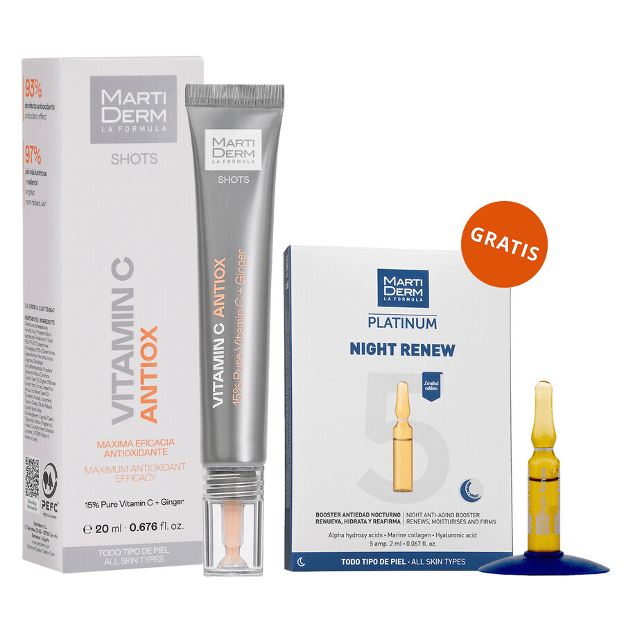 Set mit kostenlosen MartiDerm Shots Vitamin C Antiox, Gesichtsserum, 20 ml + Platinum Night Renew, Nacht-Booster, 2 ml x 5 Ampullen