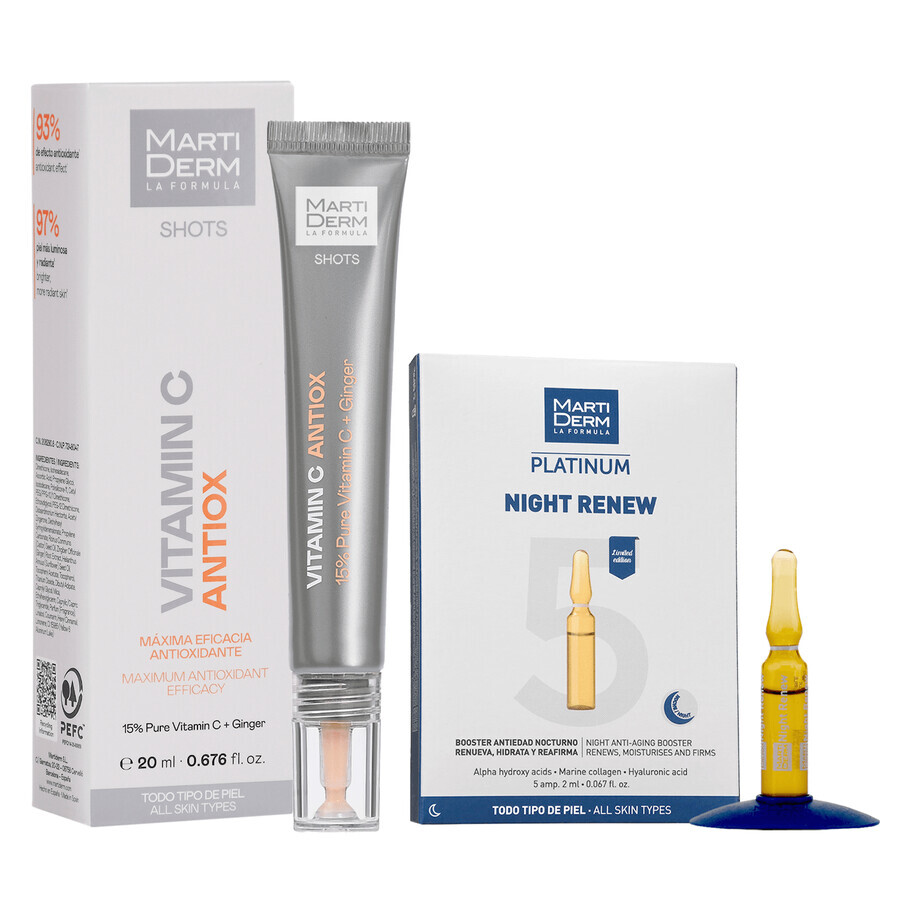 Set mit kostenlosen MartiDerm Shots Vitamin C Antiox, Gesichtsserum, 20 ml + Platinum Night Renew, Nacht-Booster, 2 ml x 5 Ampullen