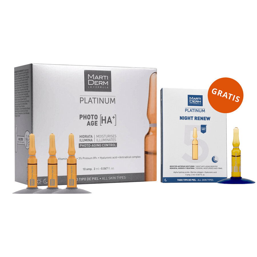 Coffret avec MartiDerm Platinum Photo Age [HA+], sérum visage, 2 ml x 10 ampoules + Night Renew, booster nuit, 2 ml x 5 ampoules