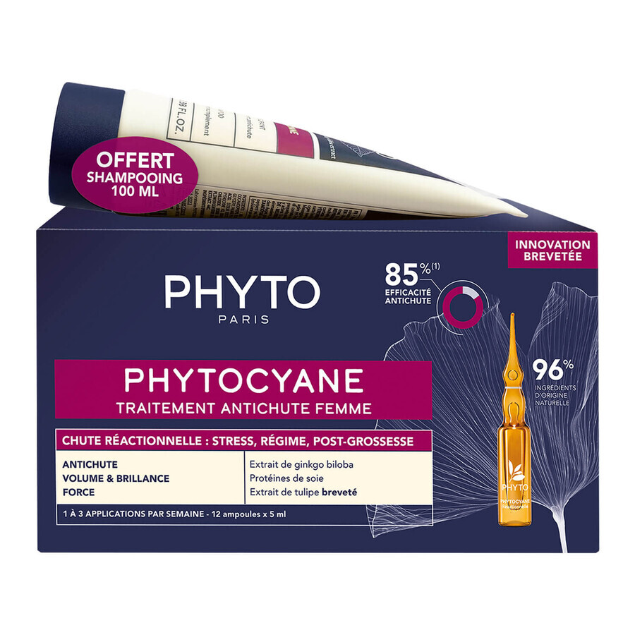 Phytocayne set, traitement de la chute des cheveux pour les femmes, ampoules de réaction, 12 x 5 ml + shampooing, 100 ml