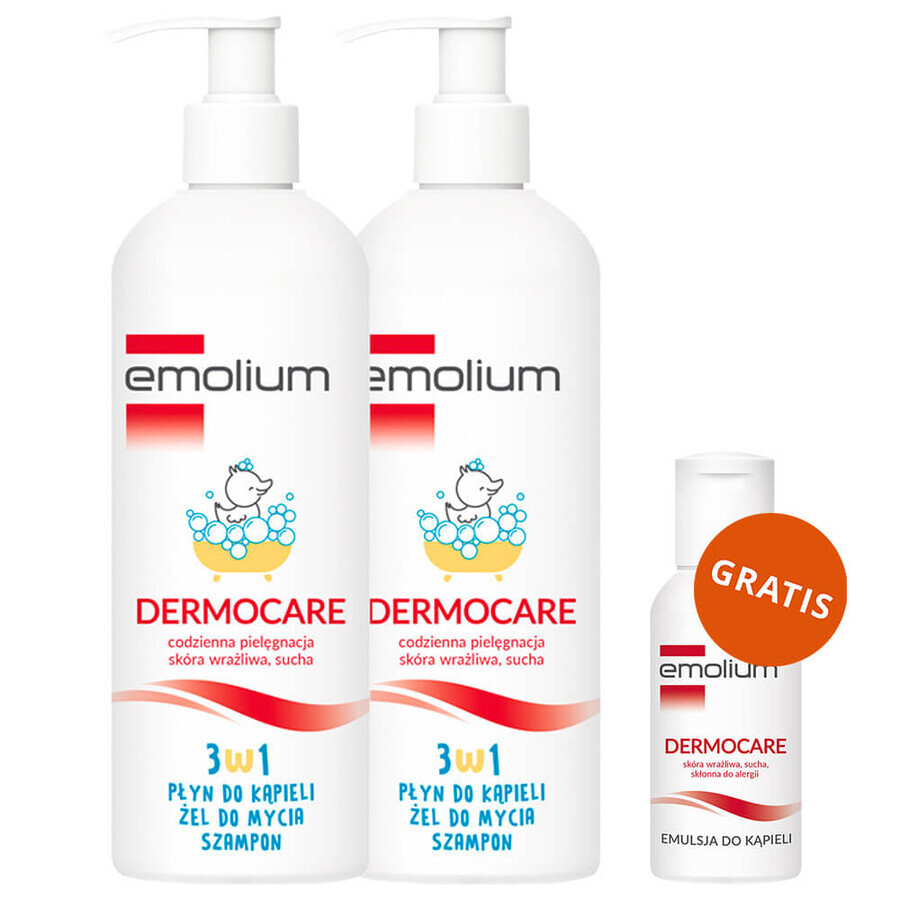 Emolium Dermocare 3-in-1 Set, Bath Lotion, Wash Gel and Shampoo, After 1 Month, 2 x 400ml + Bath Emulsion, 50ml Free