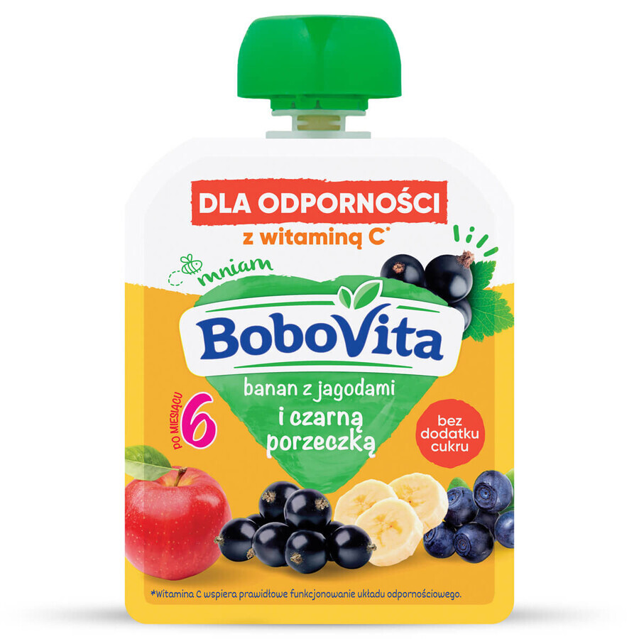 BoboVita Mousse in der Tube, Banane mit Heidelbeeren und schwarzen Johannisbeeren, nach 6 Monaten, 80 g