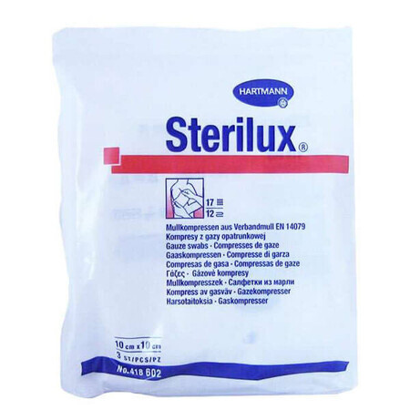 Sterilux, sterile Mulltupfer, 17-fädig, 12-lagig, 10 cm x 10 cm, 3 Stück.