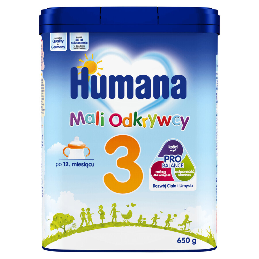 Set Humana 3 Little Explorers, bevanda al latte in polvere, dopo 12 mesi, 2 x 650 g + Benelife Vitamina D3, 5,5 ml in omaggio