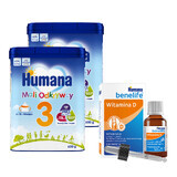 Humana 3 Little Explorers Set, Milchgetränkepulver, ab 12 Monaten, 2 x 650 g + Benelife Vitamin D3, 5,5 ml gratis