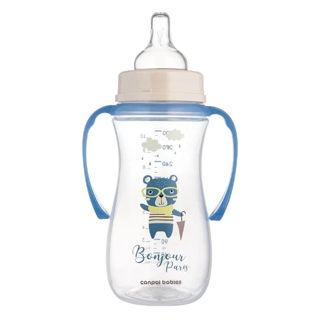 Canpol Babies Easy Start, sticlă anti-colică, gură largă, cu mânere, Bonjur Paris, albastru, de la 12 luni, 300 ml