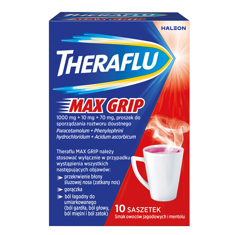 Theraflu Max Grip 1000 mg + 70 mg + 10 mg, Pulver zum Einnehmen, Geschmack: Beeren und Menthol, 10 Beutel 