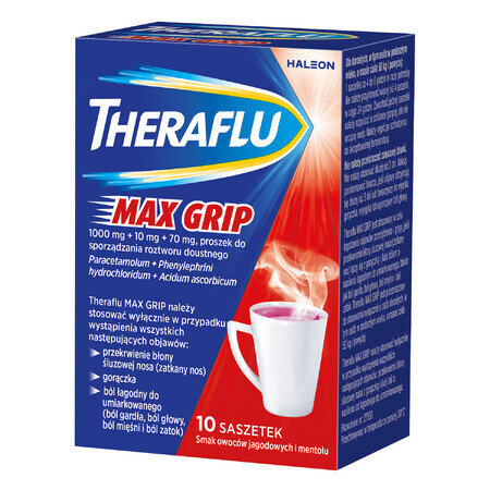 Theraflu Max Grip 1000 mg + 70 mg + 10 mg, Pulver zum Einnehmen, Geschmack: Beeren und Menthol, 10 Beutel 