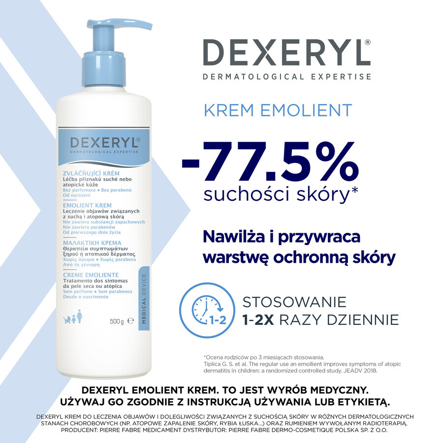 Dexeryl, crème émolliente pour peaux sèches, 500 g