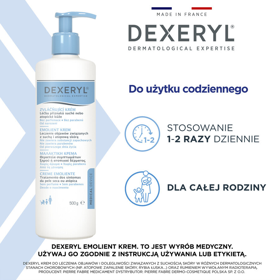 Dexeryl, crème émolliente pour peaux sèches, 500 g