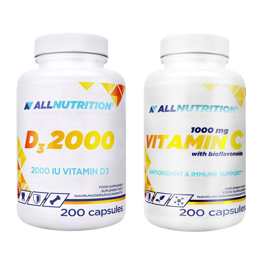 Allnutrition D3 2000 kit, 200 gélules + Vitamine C 1000 mg, 200 gélules 