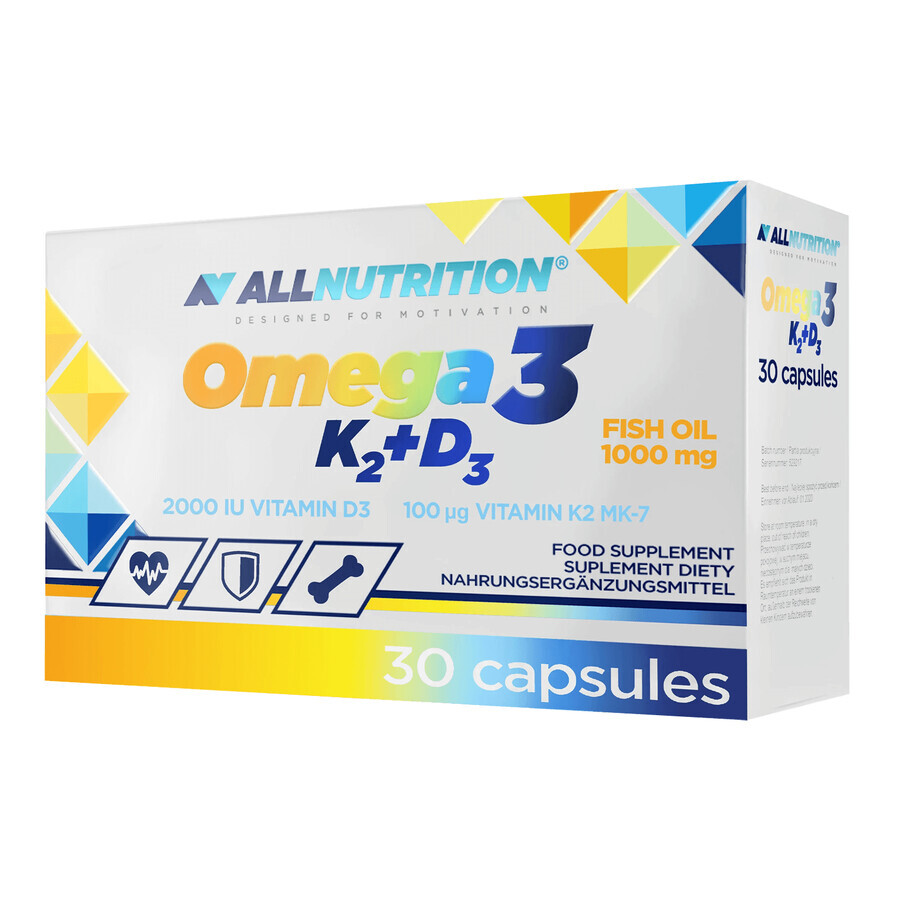 Allnutrition Omega 3 K2 + D3 Set, Fischöl 1000 mg + Vitamin K 100 µg + Vitamin D 2000 IU, 2 x 30 Kapseln