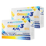 Allnutrition Omega 3 K2 + D3 set, huile de poisson 1000 mg + vitamine K 100 µg + vitamine D 2000 UI, 2 x 30 gélules