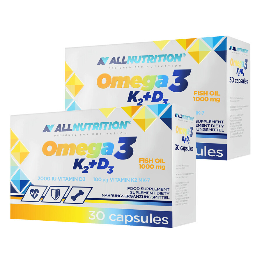 Allnutrition Omega 3 K2 + D3 Set, Fischöl 1000 mg + Vitamin K 100 µg + Vitamin D 2000 IU, 2 x 30 Kapseln