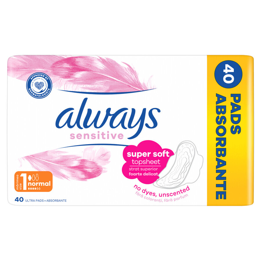 Always Sensitive, prosoape igienice cu aripi, mărimea 1, Normal, 40 buc